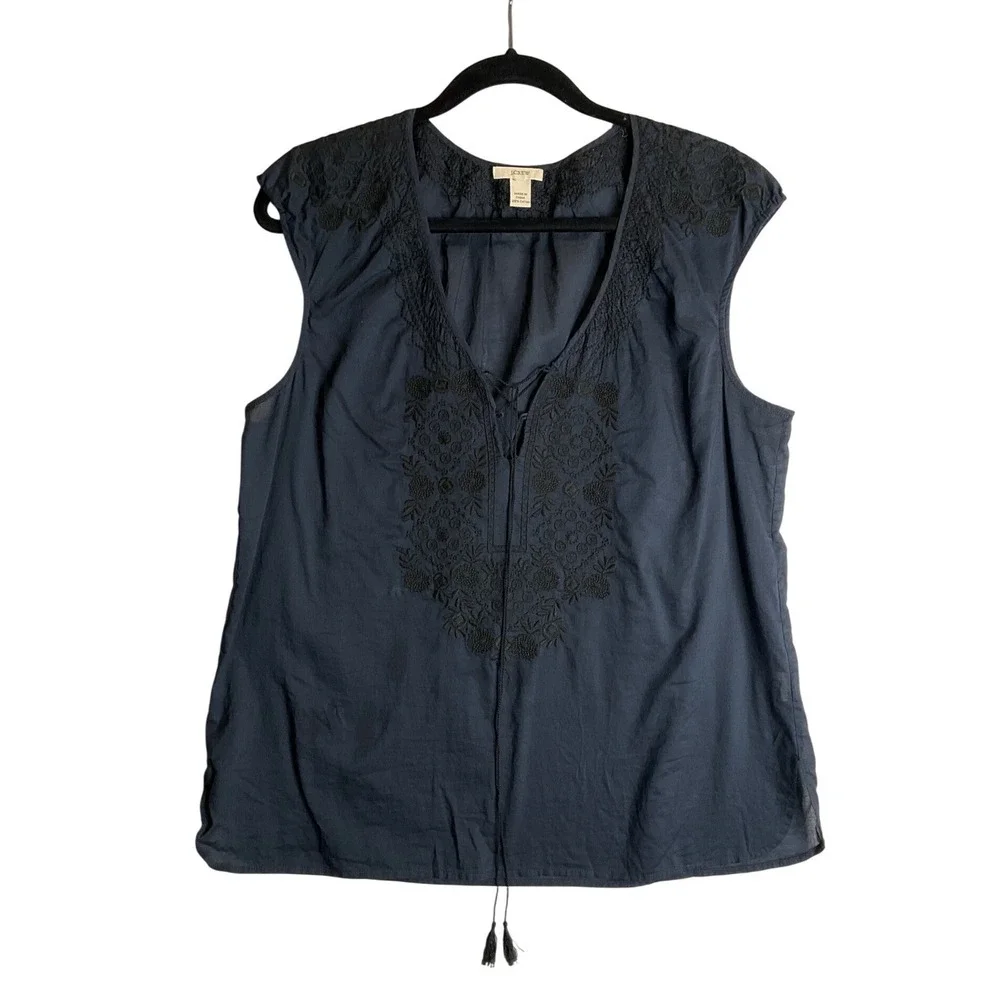 J. Crew Peasant Top Sleeveless Blue Embriodered Boho Lace Up Casual Cottagecore